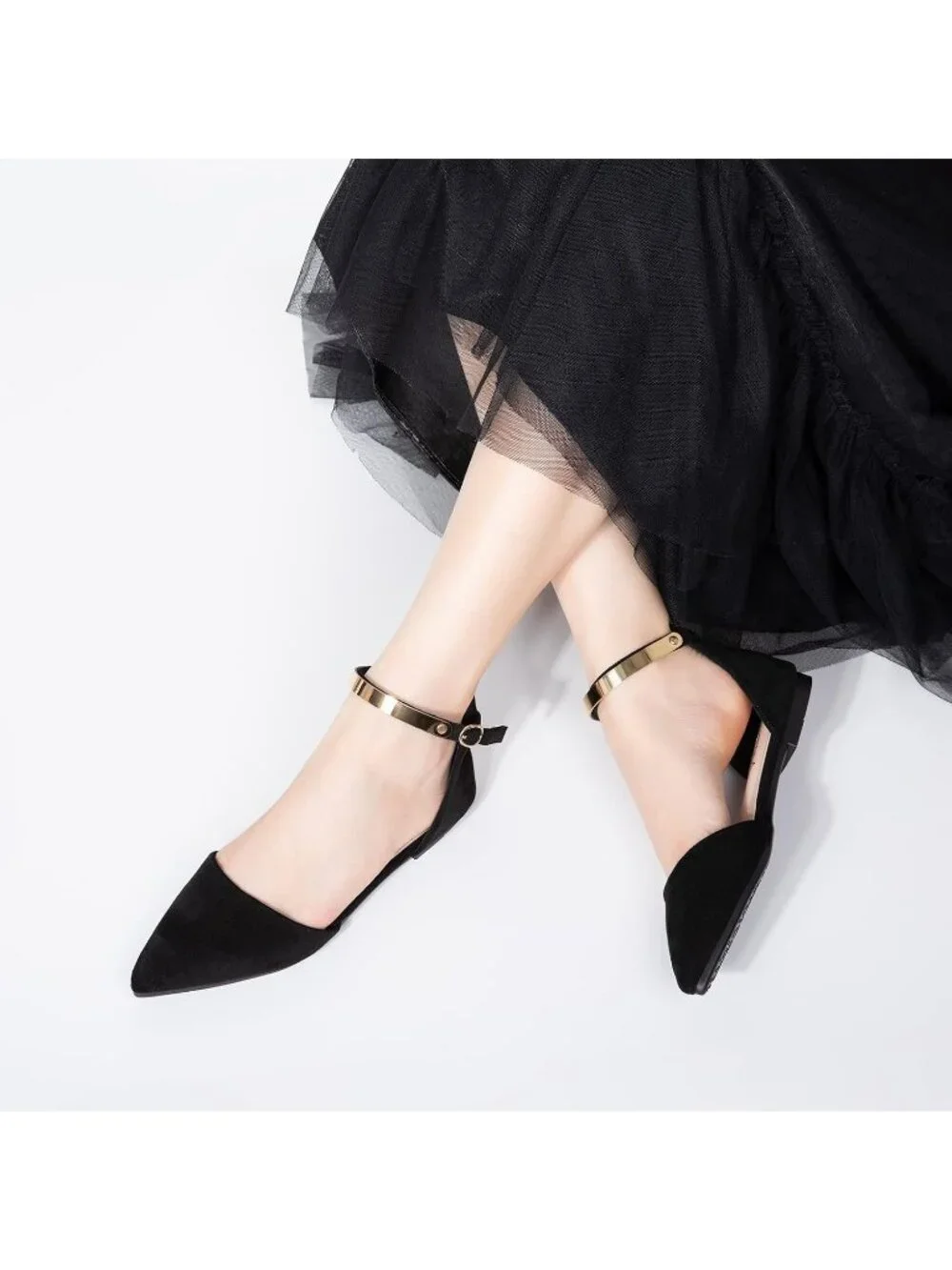Women's Black Suede Pointed Toe Flats Fancy Gold Ankle Strap Rhinestone Shoes